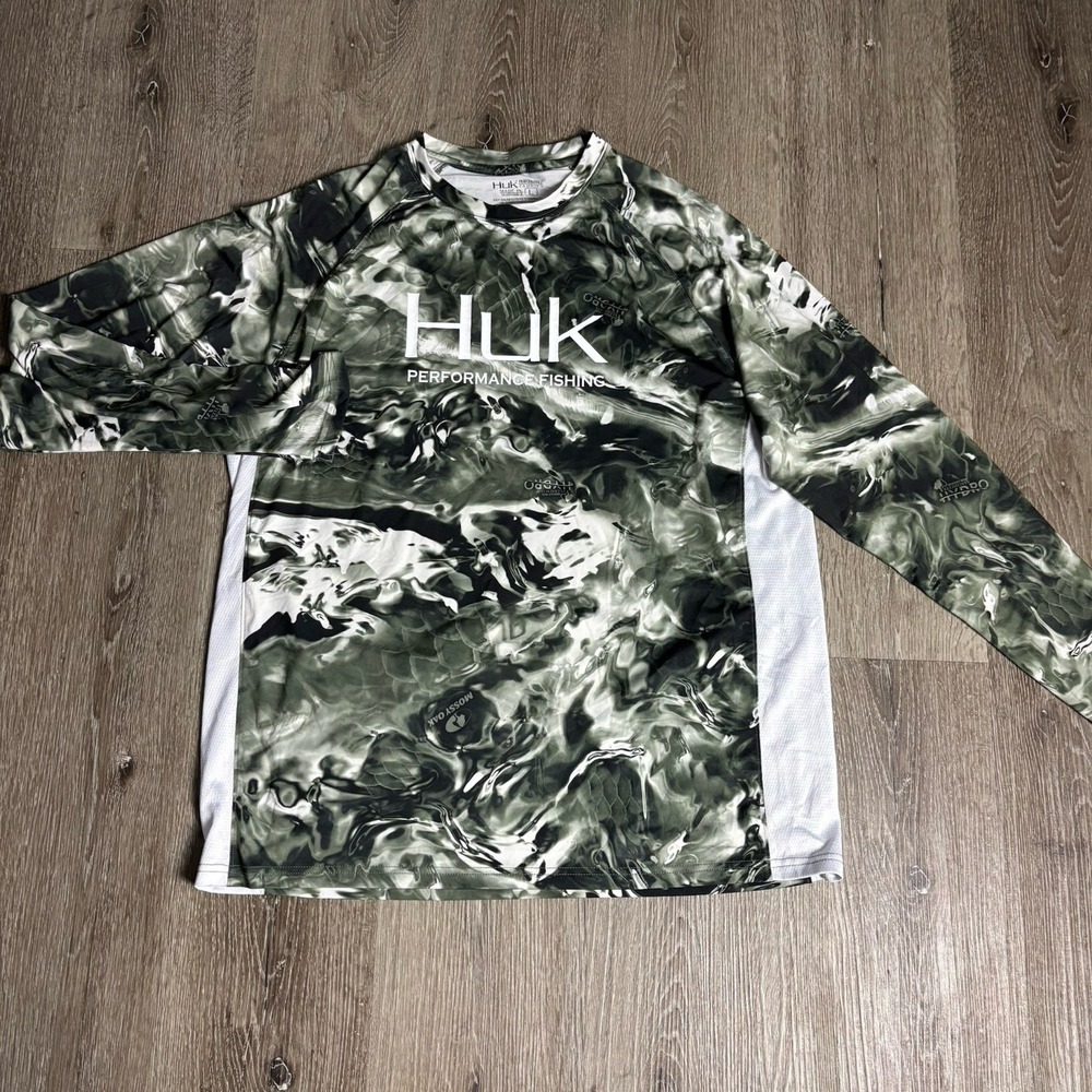 Huk‎ Fishing Mens L Mossy Oak Pursuit LS Camo Performance Shirt Hydro Green